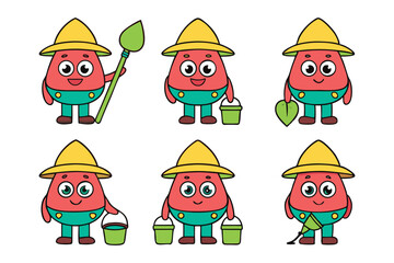 Fototapeta premium Six Cute Red and Teal Cartoon Characters Gardening