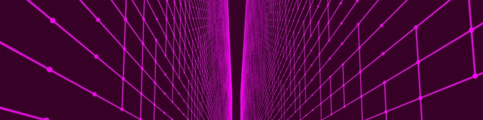 Futuristic colorful perspective grid. Abstract wireframe with blue grid on black background. Virtual landscape in digital style of 80s 90s. Simple perspective grid for design. 3D rendering