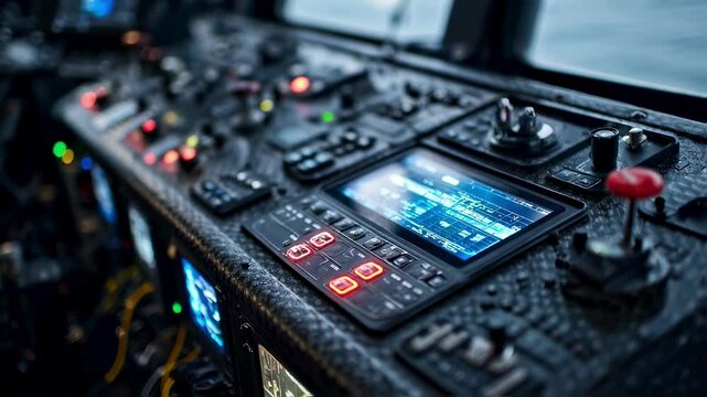 A closeup view of a NAVTEX receiver integrated into a GMDSS console highlighting the detailed LED indicators and the communication cables that connect to various maritime devices set