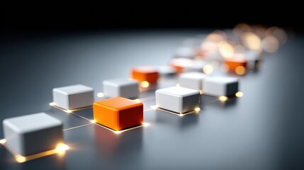 Chain of blocks design, A network of illuminated cubes connected by glowing lines, featuring standout orange and white blocks in a futuristic, abstract digital design.