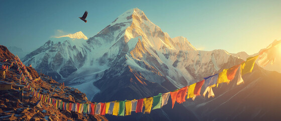 AI generator image of Buddhism, Colorful prayer flags, Himalayas. The prayer flags in Xizang represent happiness North India offers a captivating blend of history, culture, and natural beauty, making  © Nan sarin
