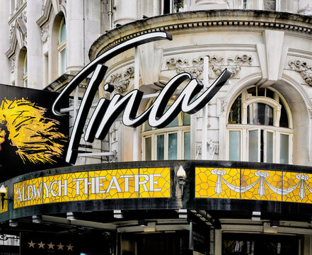 Tina Turner Musical Live Performance, Aldwych Theatre Exterior Name Sign, London Playhouse Brand Logo, London West End, United Kingdom - 2025
