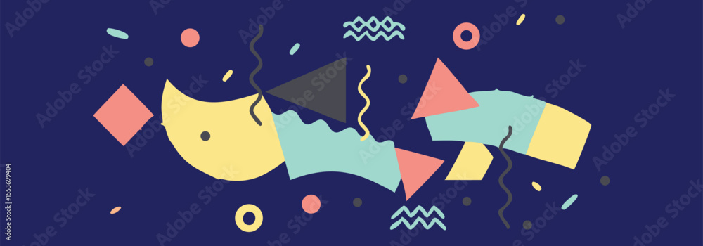 Poster memphis-style abstract design with dynamic geometric shapes, confetti elements, and retro color pale