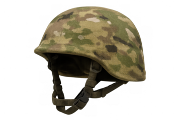 Modern camouflage combat helmet isolated on transparent background, offering protection and concealment for soldiers in the field