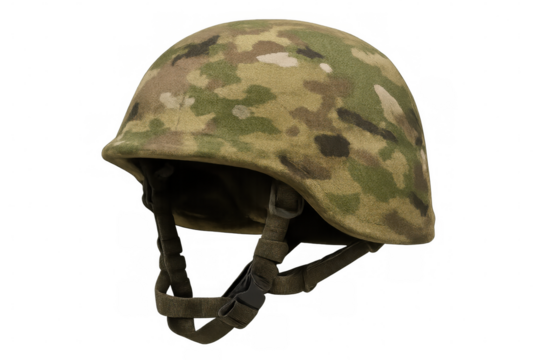 Modern camouflage combat helmet isolated on transparent background, offering protection and concealment for soldiers in the field