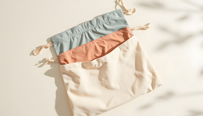 Drawstring bag in soft pastel colors, featuring a light blue, peach, and cream design, resting on a smooth surface with natural light creating a serene atmosphere