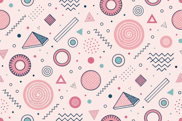 Memphis geometric seamless pattern in pastel pink — retro 80s 90s abstract background with circles, zigzags, spirals, and wavy lines, cute kid doodle style for fun, creative design projects

