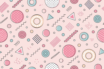 Memphis geometric seamless pattern in pastel pink — retro 80s 90s abstract background with circles, zigzags, spirals, and wavy lines, cute kid doodle style for fun, creative design projects

