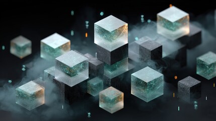 Chain of blocks design, Transparent and metallic cubes floating in a dark, smoky environment with glowing accents and a futuristic, abstract design.