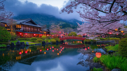 AI generator image of seasons Tranquil River Scene with Cherry Blossoms and Traditional, Canal amidst trees against castle during autumn Tranquil River Scene with Cherry Blossoms and Traditional House
