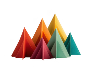 Colorful geometric paper triangles arranged in a landscape isolated on transparent background