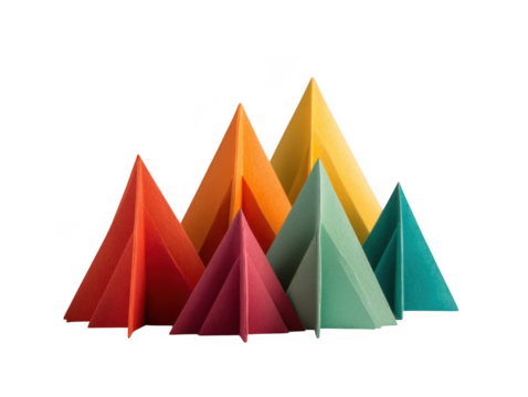 Colorful geometric paper triangles arranged in a landscape isolated on transparent background - Powered by Adobe