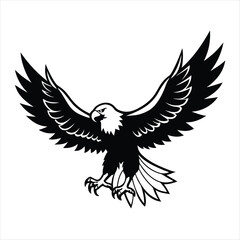 Black and white illustration of a majestic eagle with wings spread wide, detailed hand-drawn bird of prey in flight

