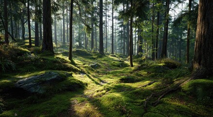 Fototapeta premium Sunlight streams through a mossy forest