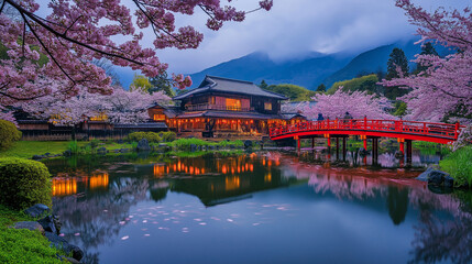 AI generator image of seasons Tranquil River Scene with Cherry Blossoms and Traditional, Canal amidst trees against castle during autumn Tranquil River Scene with Cherry Blossoms and Traditional House