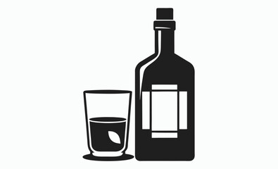 whiskey glass and bottle silhouette, and drawn vintage vector illustration isolated on white 
