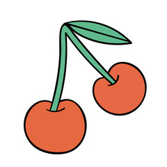 Simple cartoon illustration of two red cherries with green stems and leaves on white background
