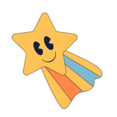Smiling cartoon shooting star with colorful orange, yellow, and blue trail on white background illustration