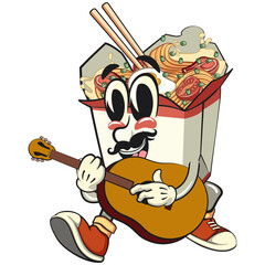 cute chinese noodles box mascot cartoon vector with moustache playing guitar, kawaii ramen takeout character with chopsticks, isolated food illustration asian cuisine design, work of hand drawn