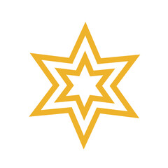 Yellow geometric star with bold symmetrical outline and white center isolated on clean white background