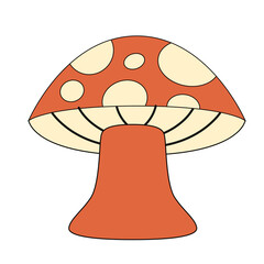 Cartoon red mushroom with beige dots and thick stem isolated on white background in flat simple style