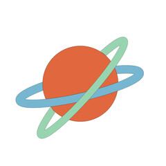Flat illustration of red planet with intersecting blue and green rings on white background in minimal style
