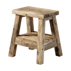 Rustic wooden step stool with a lower shelf isolated on transparent background