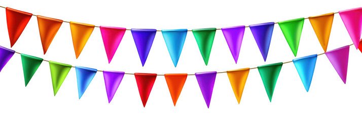 Colorful triangle bunting flags hanging on a string isolated on transparent background