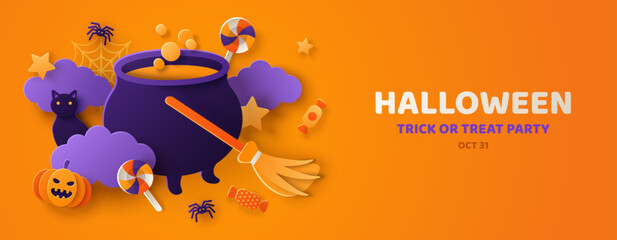 Happy Halloween orange banner, Trick or Treat party invitation background. Clouds and pumpkin in paper cut style. Vector illustration. Witch cauldron, broom, witchcraft poster. Place for text