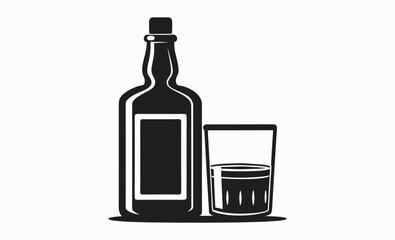 whiskey glass and bottle silhouette, and drawn vintage vector illustration isolated on white 