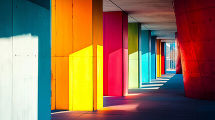AI generator image of Colorful Columns Leading to Light, Vibrant Multicolored Architectural Columns with Bright Sunlight and Geometric street graffiti interactive Vibrant corridor with colorful lights