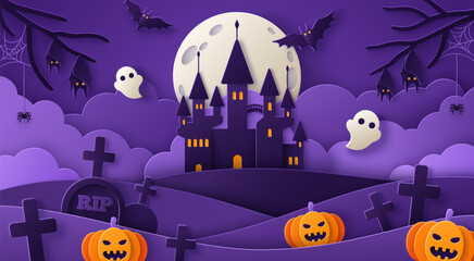 Obraz na płótnie Canvas Happy Halloween Night Landscape Paper cut style. Vector illustration. Graveyard and dark horror castle. Bats, spider web and pumpkins. Spooky Scene, ghost, tombstone. Trick or treat party poster