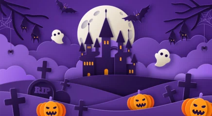 Fotobehang Happy Halloween Night Landscape Paper cut style. Vector illustration. Graveyard and dark horror castle. Bats, spider web and pumpkins. Spooky Scene, ghost, tombstone. Trick or treat party poster © kotoffei