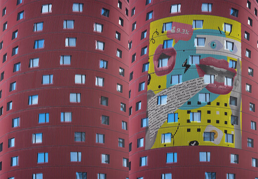 Distinct Red circular Building Facade. PSD mockup template
