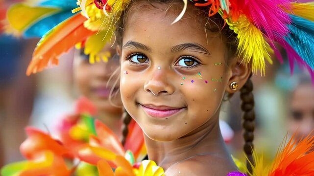 Soft focus on a group of costumed children participating in a parade around the festival.