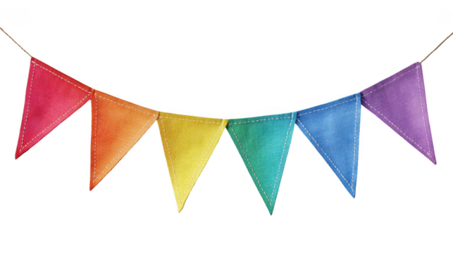 Colorful rainbow triangle bunting flags on a string isolated on transparent background