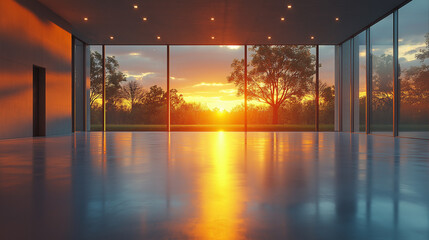 AI generator image of Spacious industrial interior with sunset reflections on the floor. Bright and spacious interior with large windows at sunset casting shadows on smooth floor, Sunlight streams
