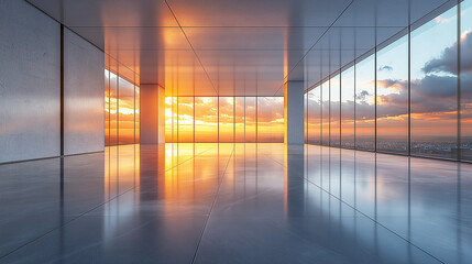 AI generator image of Spacious industrial interior with sunset reflections on the floor. Bright and spacious interior with large windows at sunset casting shadows on smooth floor, Sunlight streams
