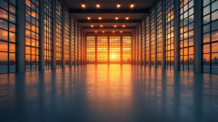AI generator image of Spacious industrial interior with sunset reflections on the floor. Bright and spacious interior with large windows at sunset casting shadows on smooth floor, Sunlight streams