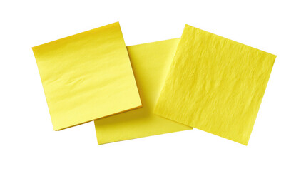 Three bright yellow sticky notes arranged in a casual overlapping pattern isolated on transparent background