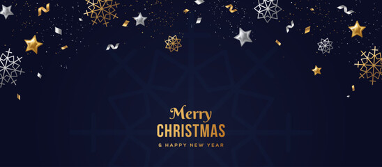 Merry Christmas and Happy New Year banner with gold and silver falling confetti, snowflakes, streamers. Vector illustration. Place for text. Border frame design, winter gift card, 2026 flyer poster.