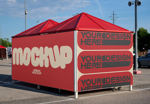 A covered shopping cart corral is placed in the parking area, providing shelter for carts and promoting organization for shoppers. PSD mockup template