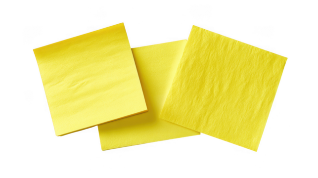 Three bright yellow sticky notes arranged in a casual overlapping pattern isolated on transparent background
