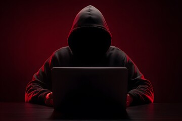 Person in dark hooded sweatshirt using laptop in a dimly lit room with red lighting effect