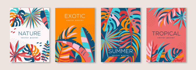 Summer poster set, palm beach cards, abstract tropical leaves pattern. Vector illustration. Jungle exotic minimal flyer, brochure voucher template. Place for text. Fashion Hawaiian background