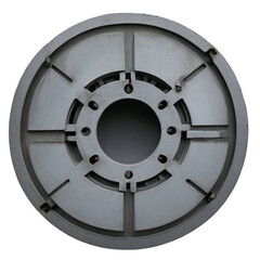 Obraz premium Gray sewer inspection cover with radial ribs on transparent background