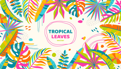 Summer colorful banner poster, palm tropical leaves, rainforest border frame. Vector illustration. Jungle exotic flyer, nature organic brochure template. Place for text. Tropic beach party background