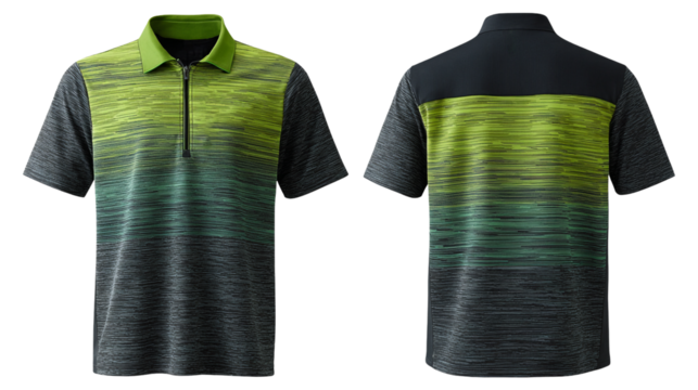 Modern golf polo shirt with green and black gradient stripe pattern