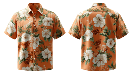 Orange hawaiian shirt with white hibiscus flowers and green leaves