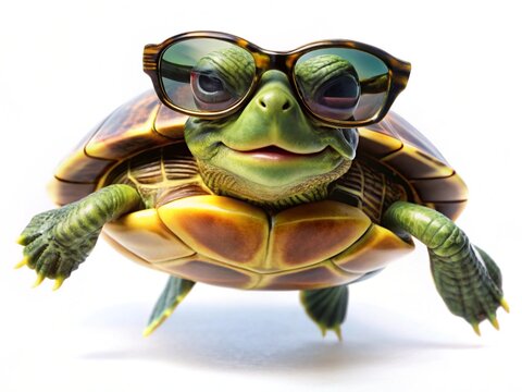 A turtle wearing sunglasses is isolated on white background